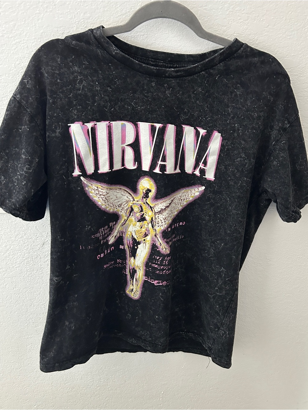 NIRVANA Black Mineral Wash Angel Graphic Tee with Pink & Gold Accents